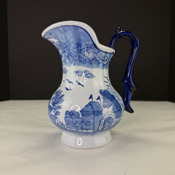 Vintage Blue White Asian Design Porcelain Pitcher Vase - Picture 1 of 9